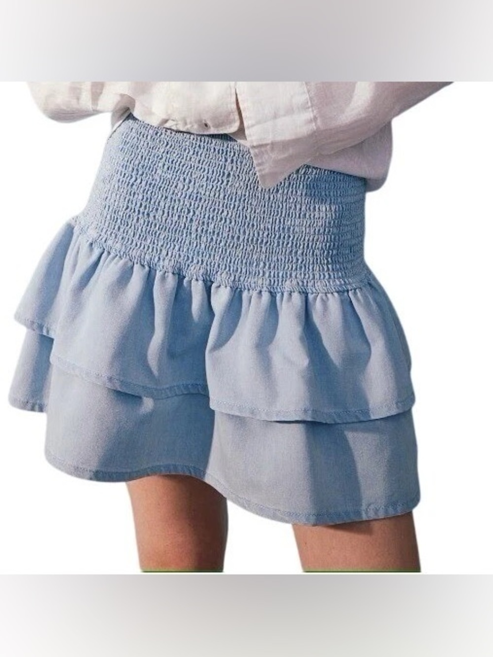 H&M Smock Waist Tiered Baby Blue Mini Skirt Size XL Preppy Coquette Cowgirl NWT
